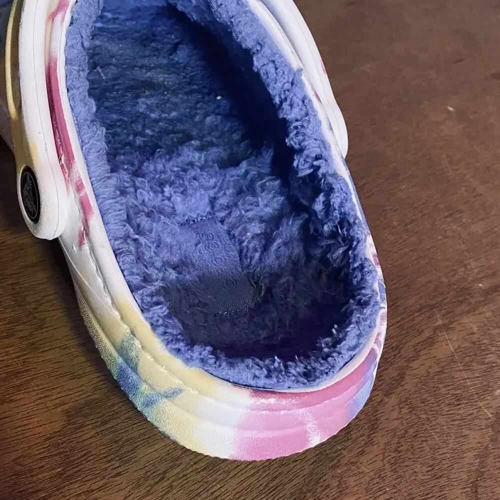 Red Blue Yellow Tie Dye‎ Crocs Fuzzy Insole Unisex Men 4 Women 6